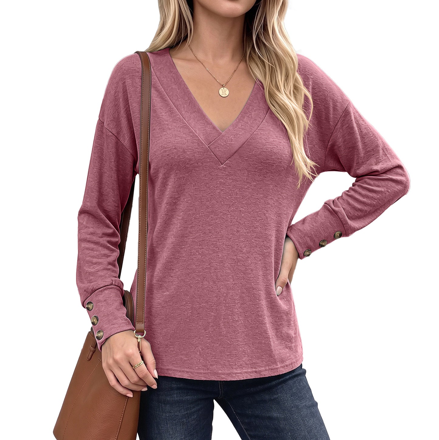 Solid Color Loose Button Long-sleeved Brushed Women's T-shirt