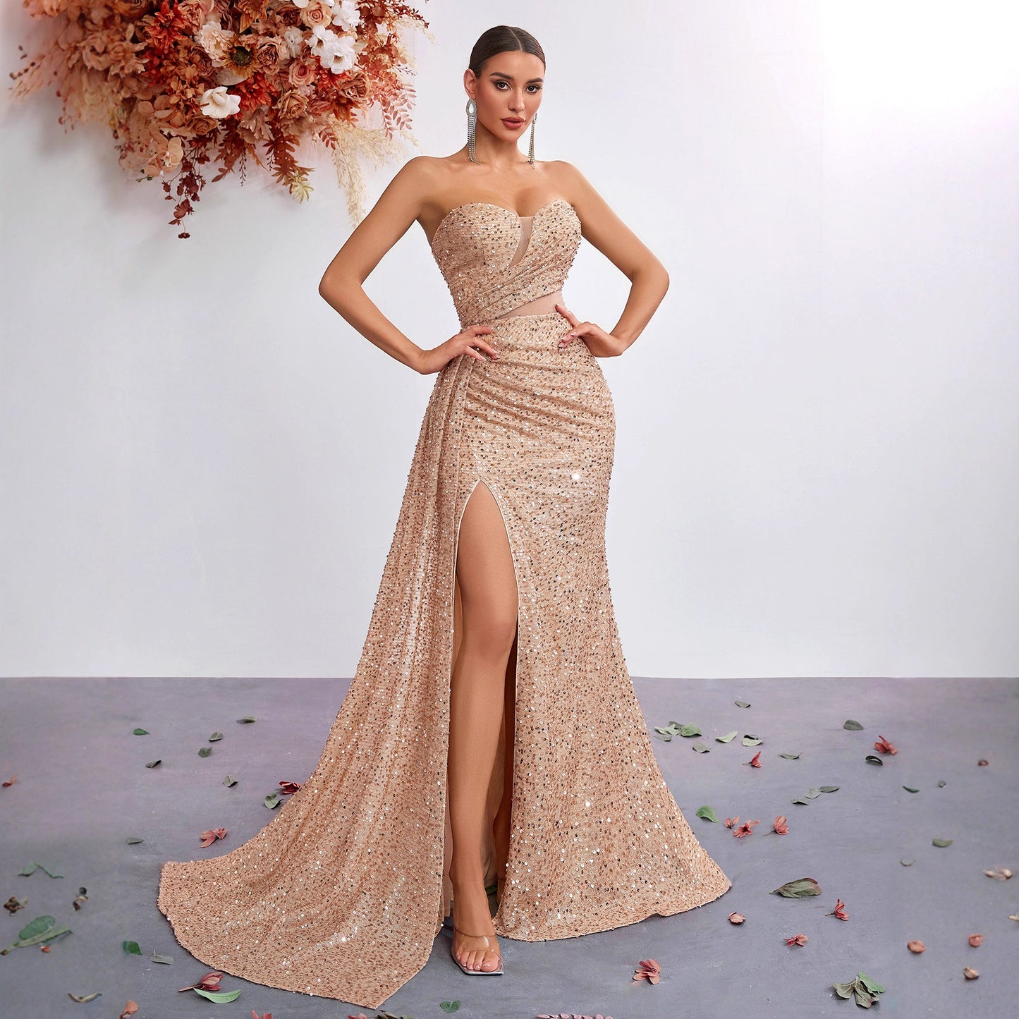 Sequined Tube Sexy High Waist Slit Fishtail Banquet Dress