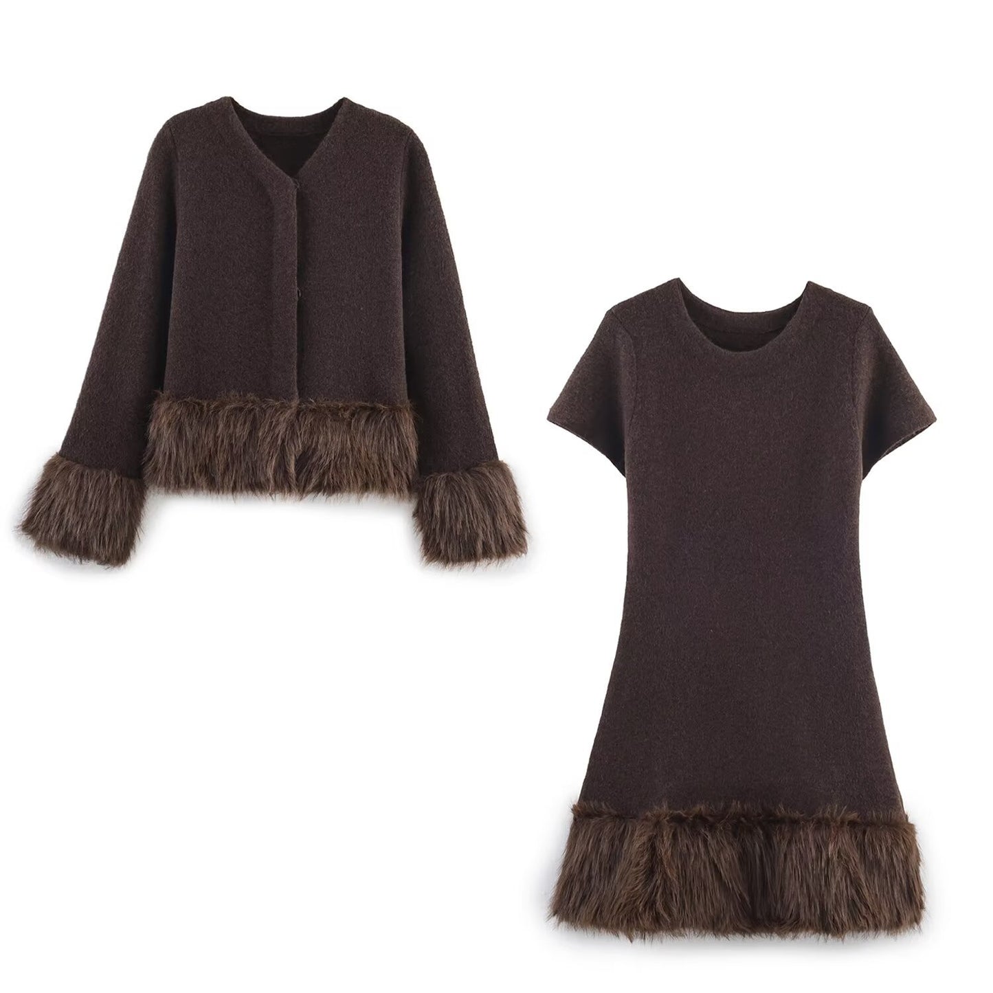 Women's Cool Artificial Fur Knitted Dress Suits