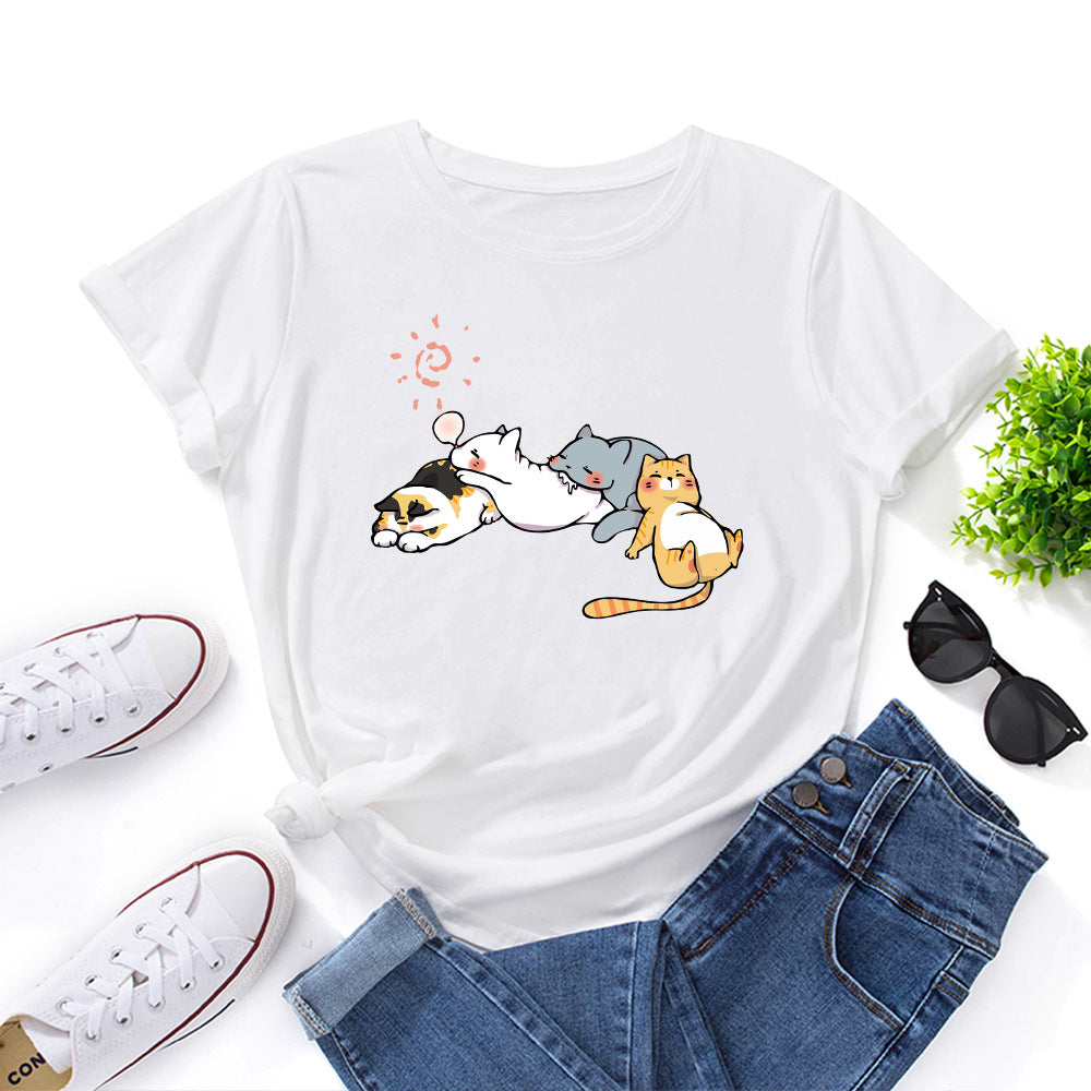 Women's Sleeping Cat Printing Loose Round Neck Sleeve Women's T-shirt