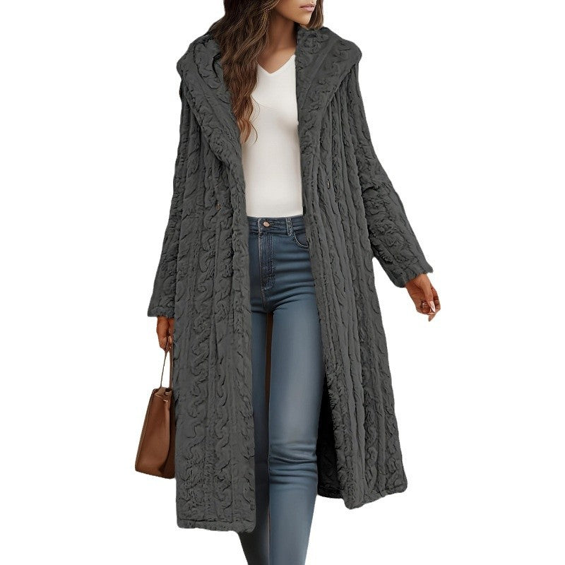 Women's Fashionable Long Solid Color Sleeve Hooded Coats