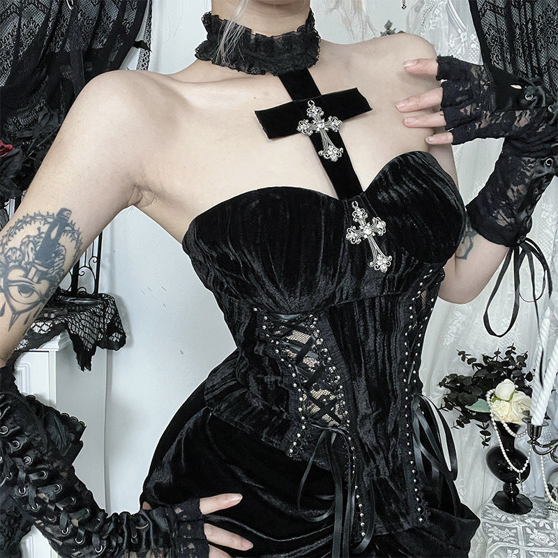 Women's Asian Culture Contrast Color Corset Strap Cross Tops