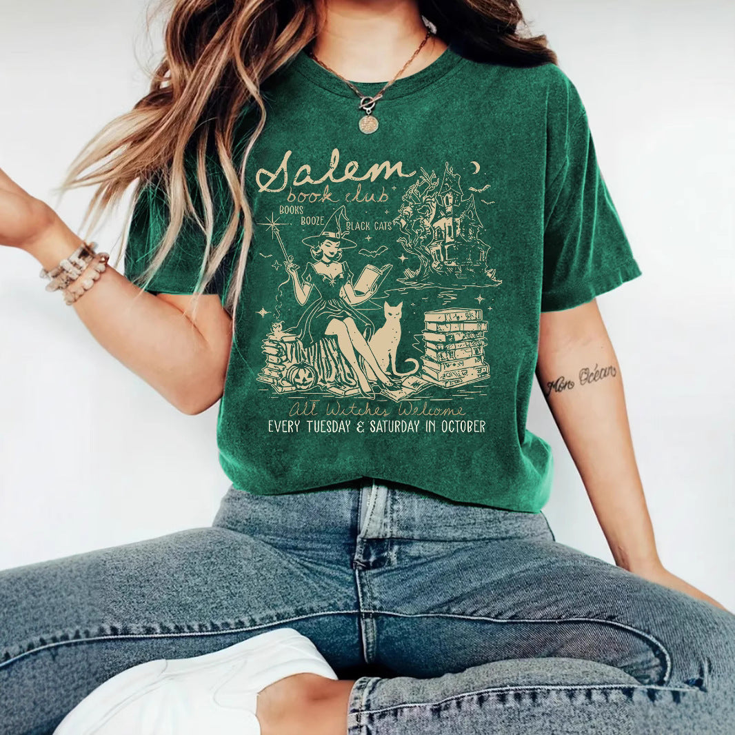 Women's Summer Salem Witch Pattern Halloween Printed Round Neck Women's T-shirt