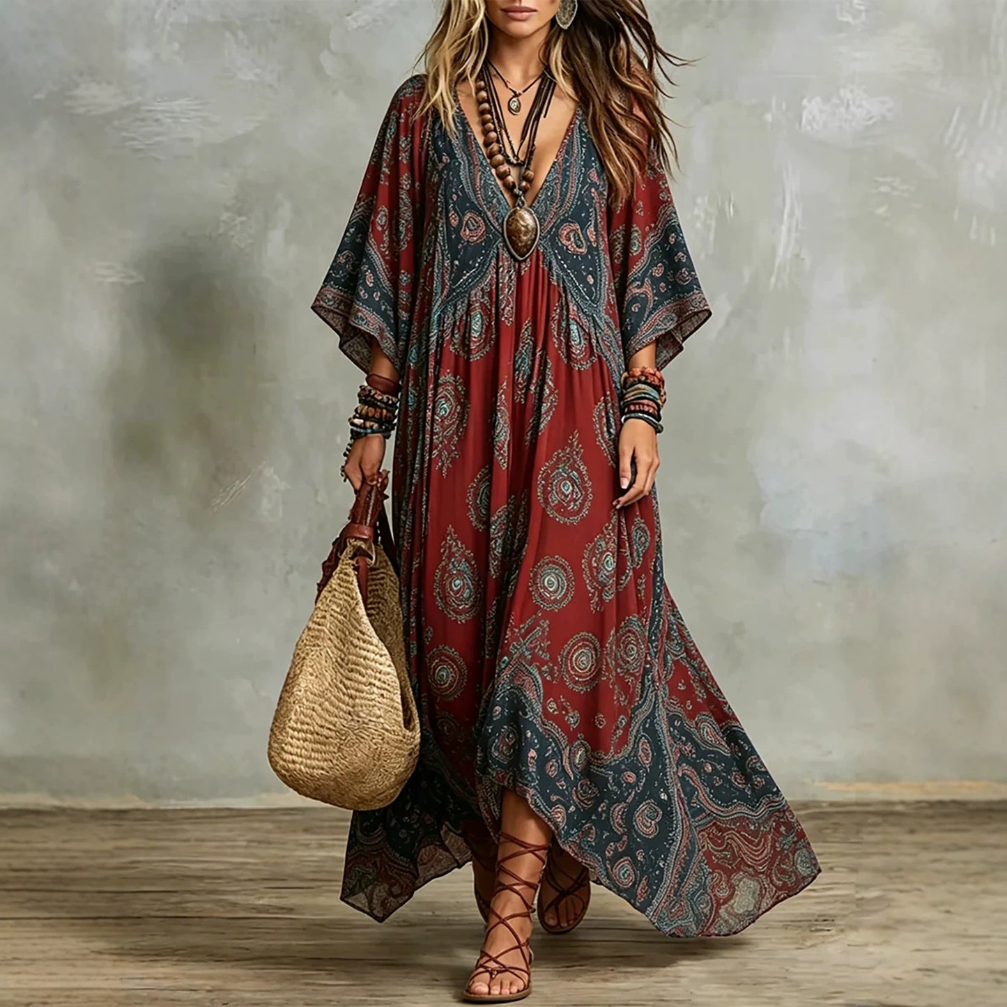 Women's Retro Three-quarter Sleeve Printed Loose Temperament Dress