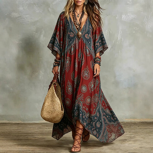 Women's Retro Three-quarter Sleeve Printed Loose Temperament Dress