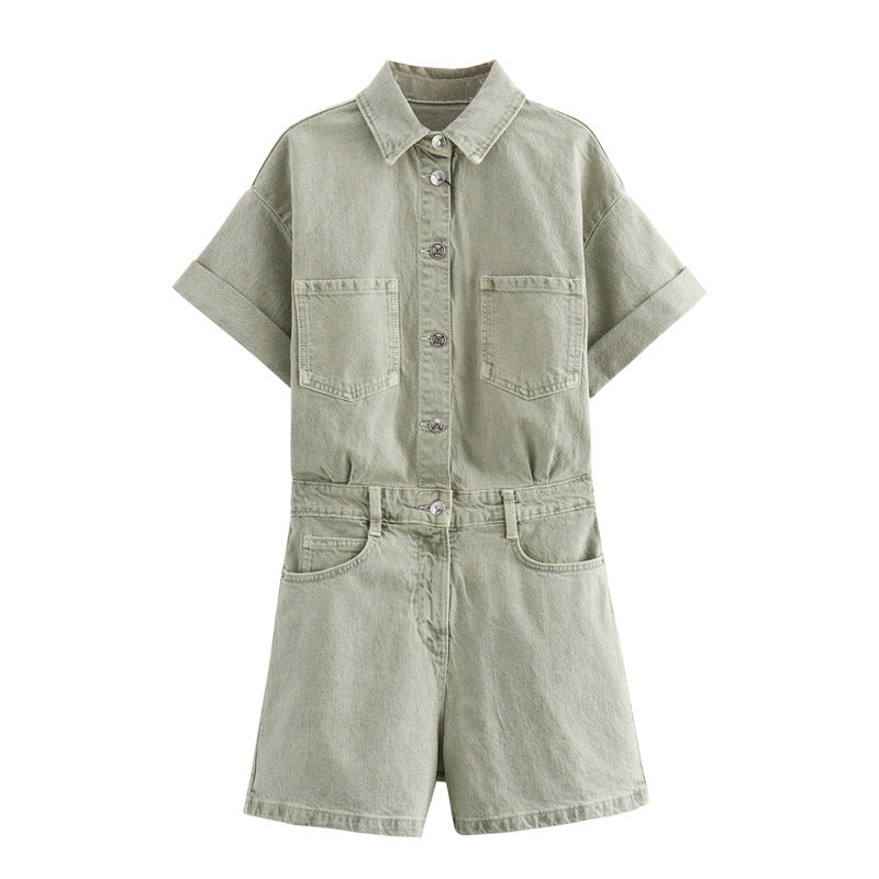 Women's Summer Rollneck Shirt Pocket Decoration Denim Jumpsuits
