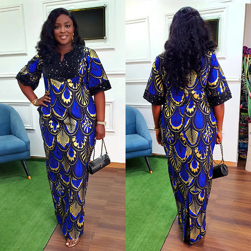 Women's African Satin Sequin Long Gown Dress Dresses