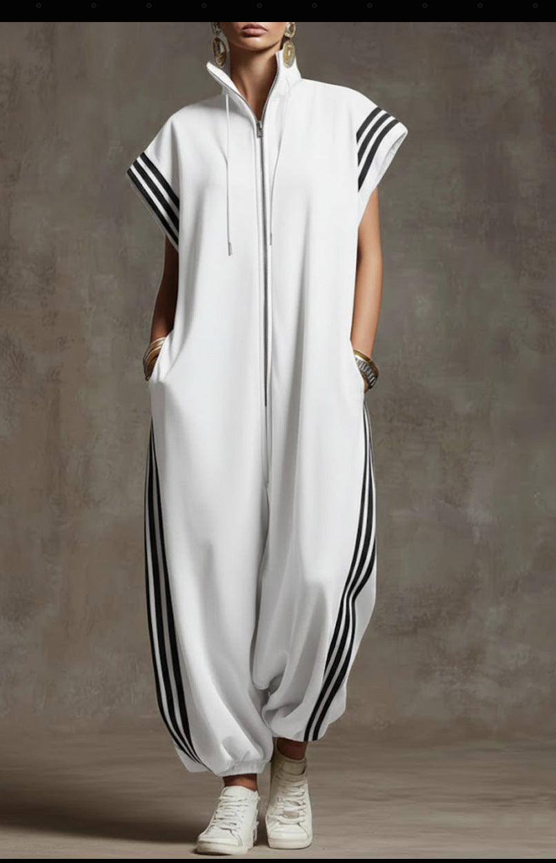 Zipped Stand Collar Striped Contrast Color Fashion Quick Women's Jumpsuit/clothing