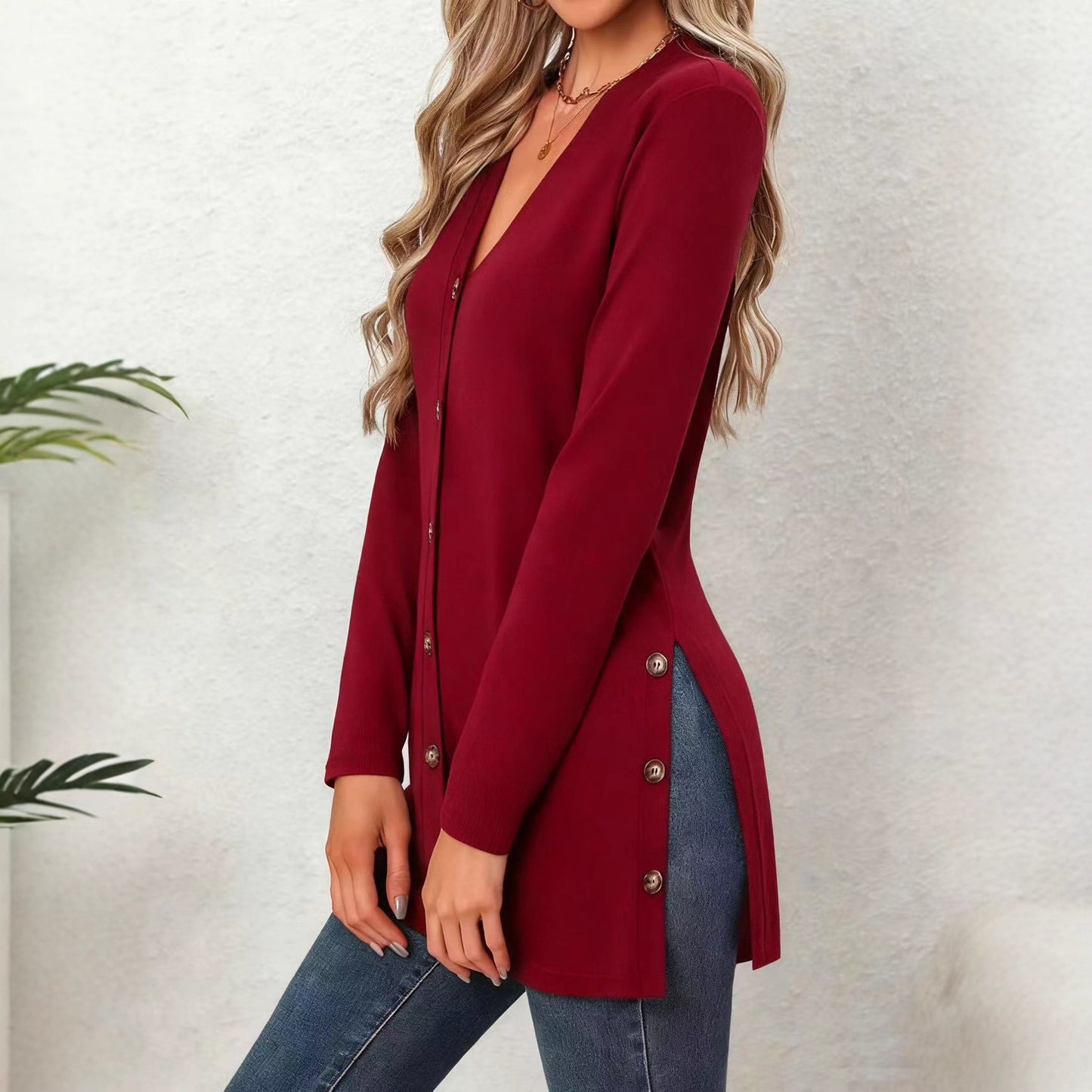 Women's Mid-length Knitted Solid Color Casual Single Row Women's T-shirt