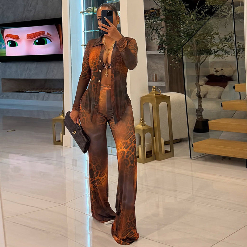 Women's Printed Mesh Lapel Long Sleeve Button Flared Cardigans