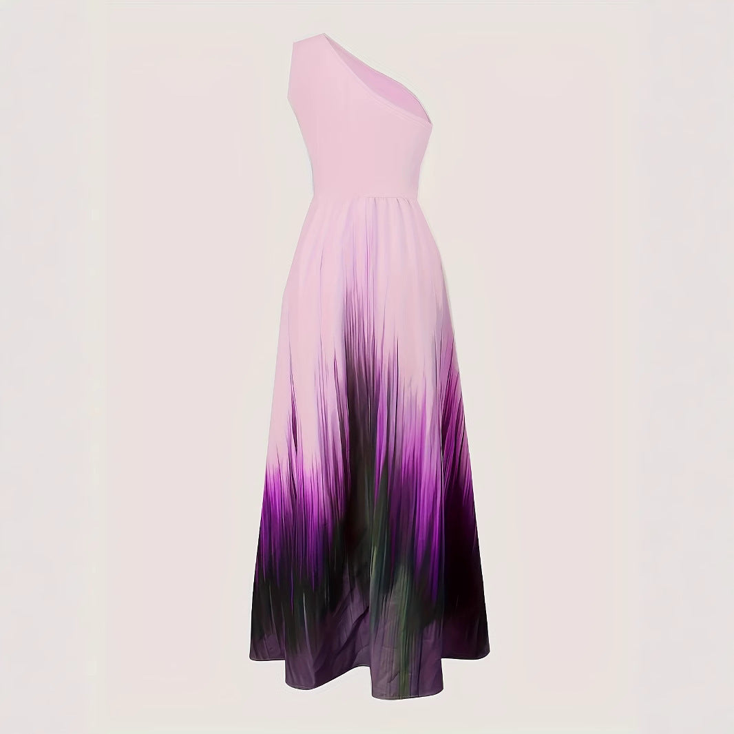 Fashion Gradient Color Sleeveless Slant Shoulder Sexy Party Dress
