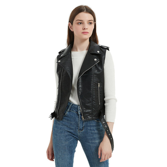 Women's Solid Color Slim Motorcycle Lapel Belt Zipper Jackets