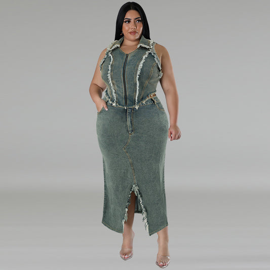 Women's Denim Sleeve Tassel Zipper Split Set Suits