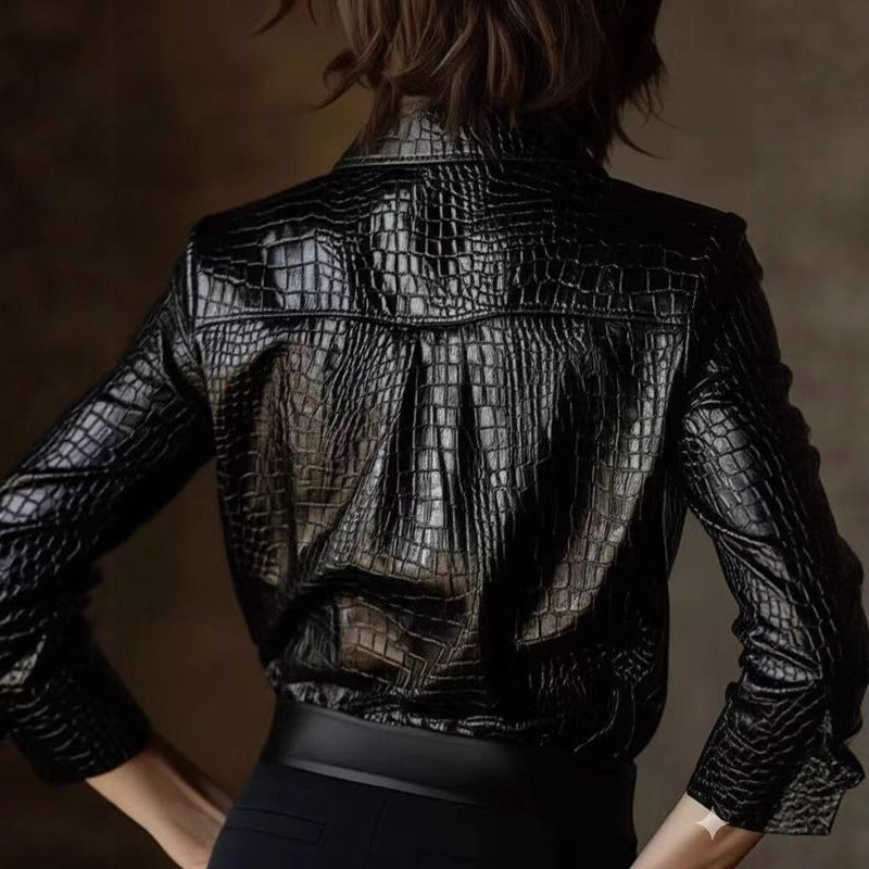Women's Leather Glossy Serpentine Long-sleeved Shirt Blouses