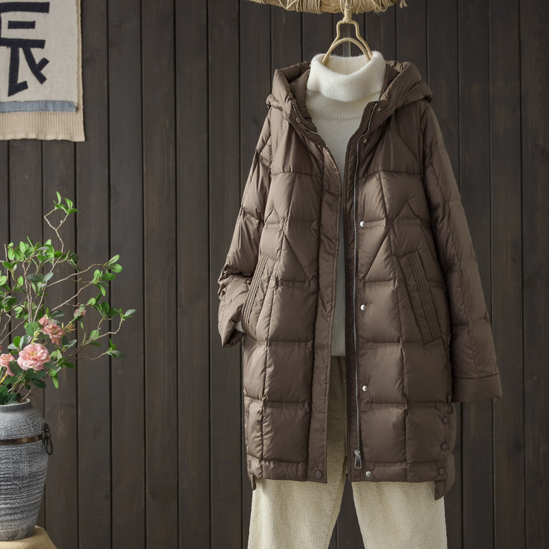 Women's Mid-length Adhesive Hooded Lightweight Down Korean Jackets
