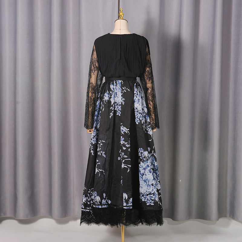 Women's Lace Long Sleeve Floral Print Dress Waist Large Dresses