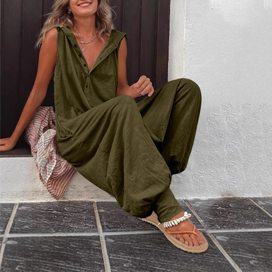 Women's Baggy Solid Color Buttons Hooded Trousers Pants