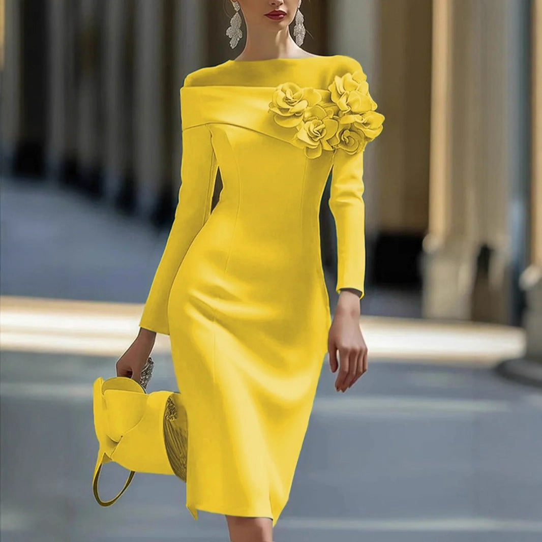 Women's Side Three-dimensional Flower Decoration Solid Color Dresses
