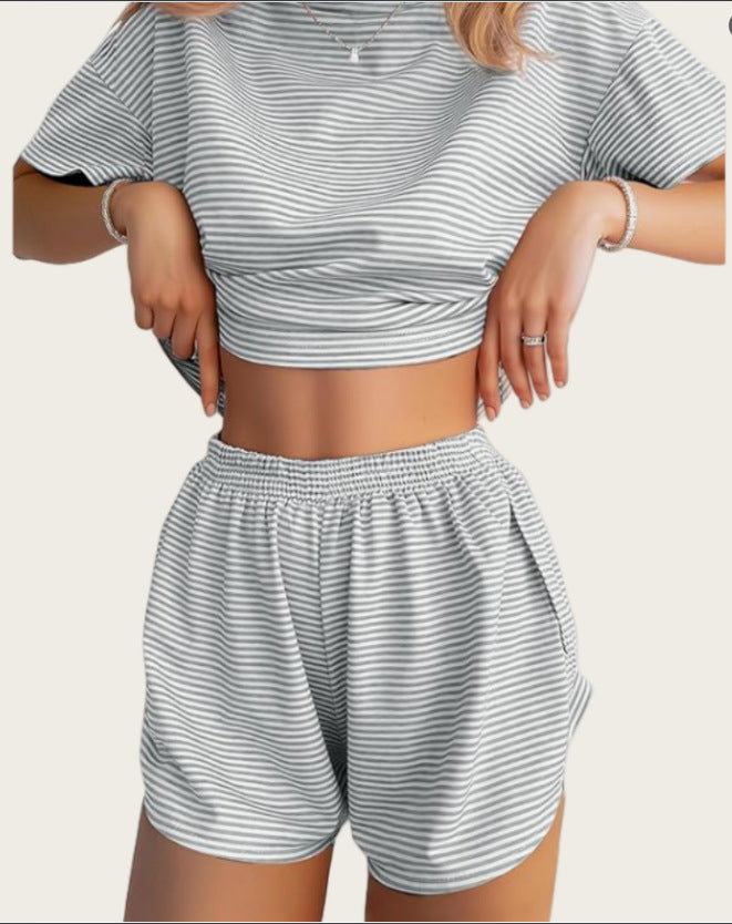 Women's Summer Simple Comfortable Striped Sleeve Elastic Waist Home Wear Two-piece Fashion Casual Suit