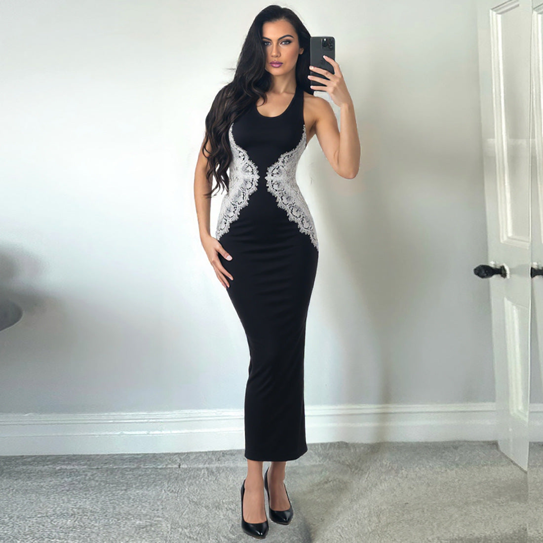 Women's Lace Stitching Contrast Color Slim Fit Dresses