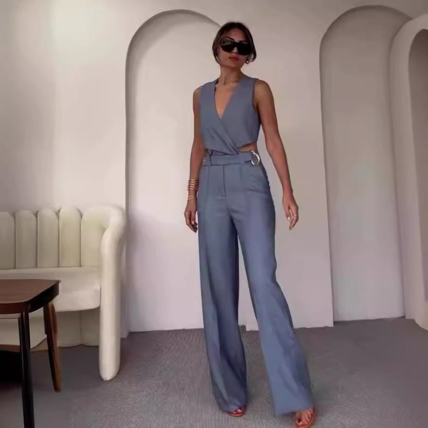 Slim Sleeveless High Waist Wide Leg Pants