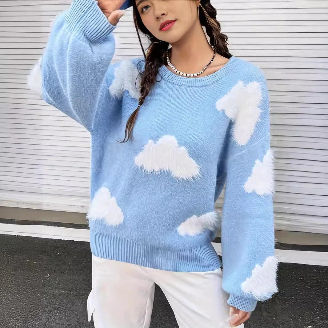 Gentle Pattern Round Neck Knitted Loose Sweaters