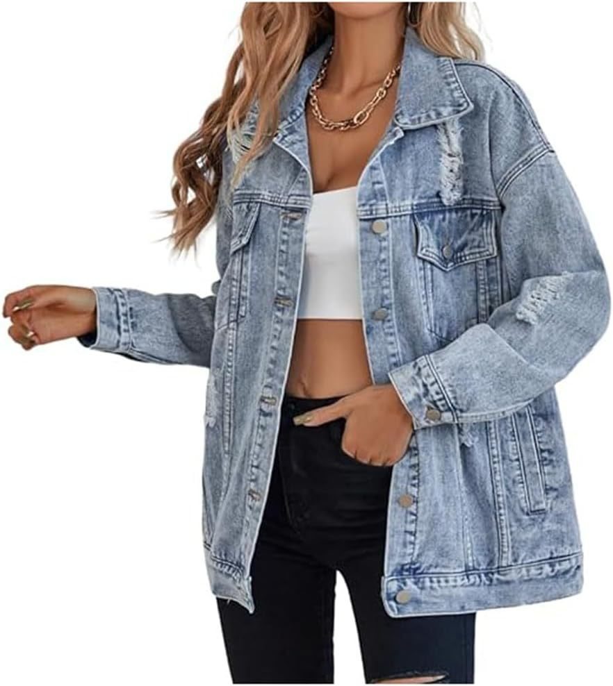 Lady's Denim Fashion Boyfriend Ripped Distressed Jackets