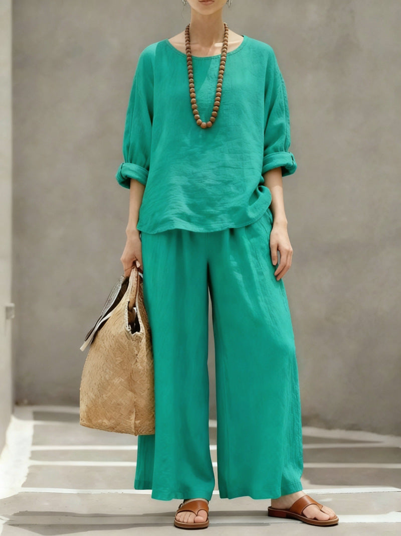 Women's Loose Outfit Cotton Linen Shirt Two-piece Suits