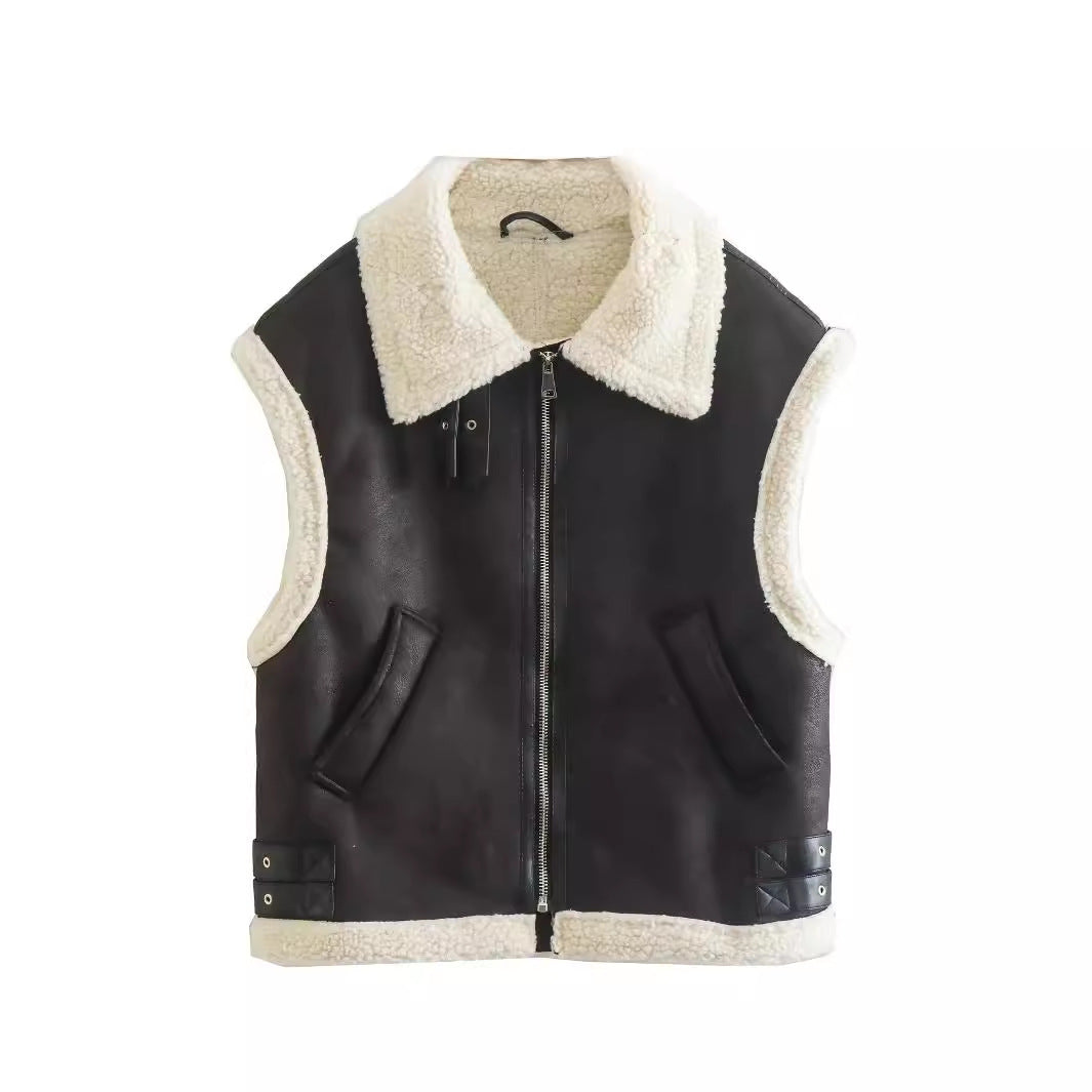 Women's Three-color Fleece Stitching Lapel Zipper Vests