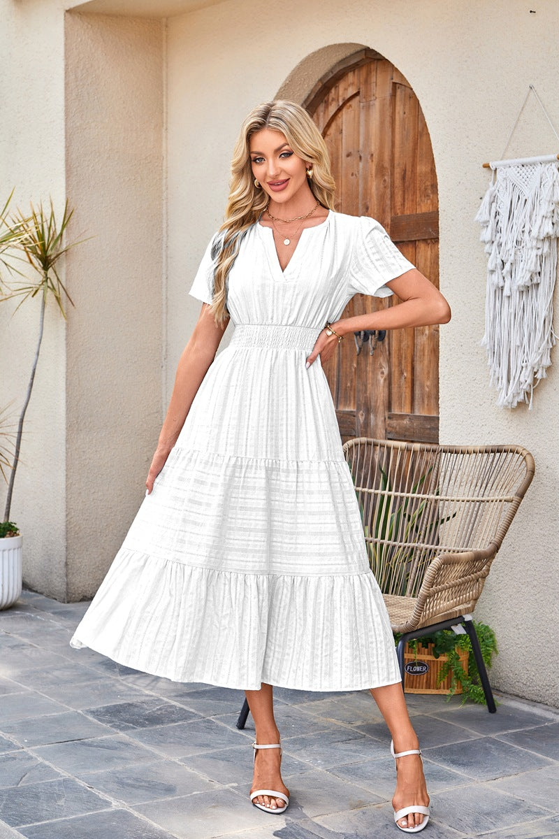 Women's Collar Pleating Puff Sleeve Large Swing Dresses