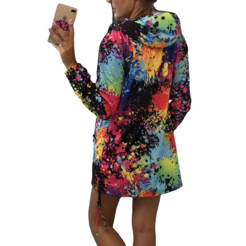 Women's Loose-fitting Printed Hooded Mid-length Long Sleeve Women's Sweater, Sweater