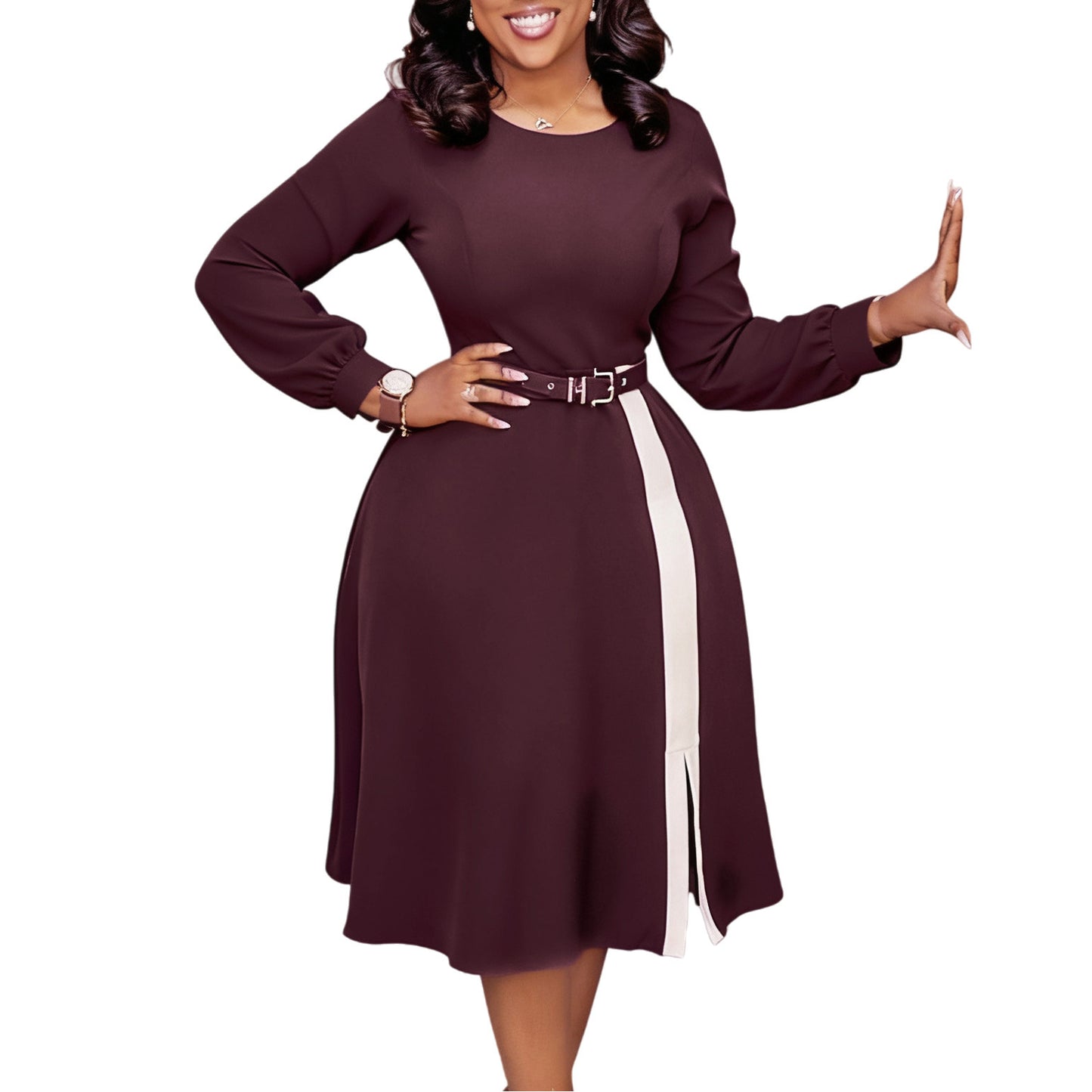 Women's Long Sleeve Round Neck Solid Color High Waist Dress