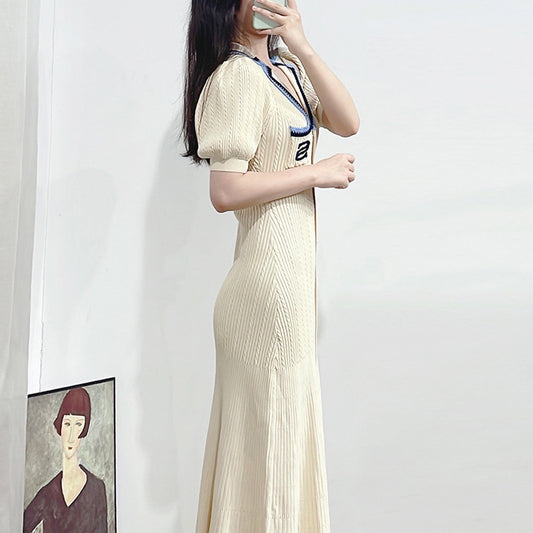 Contrast Color Lapels Knitted Dress Letter Dresses