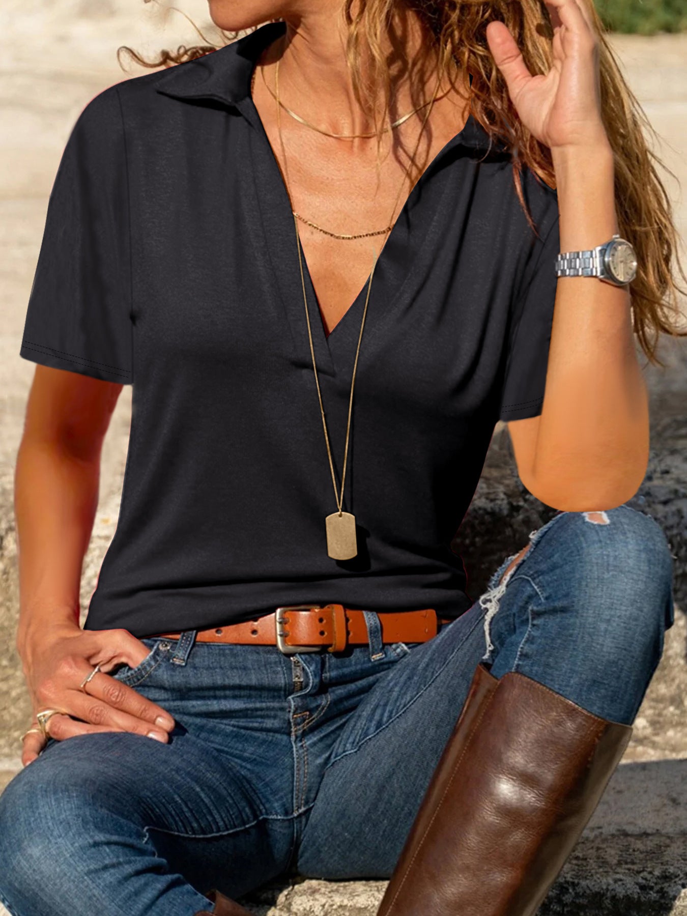 Women's Summer Casual Solid Color Polo Collar Women's T-shirt