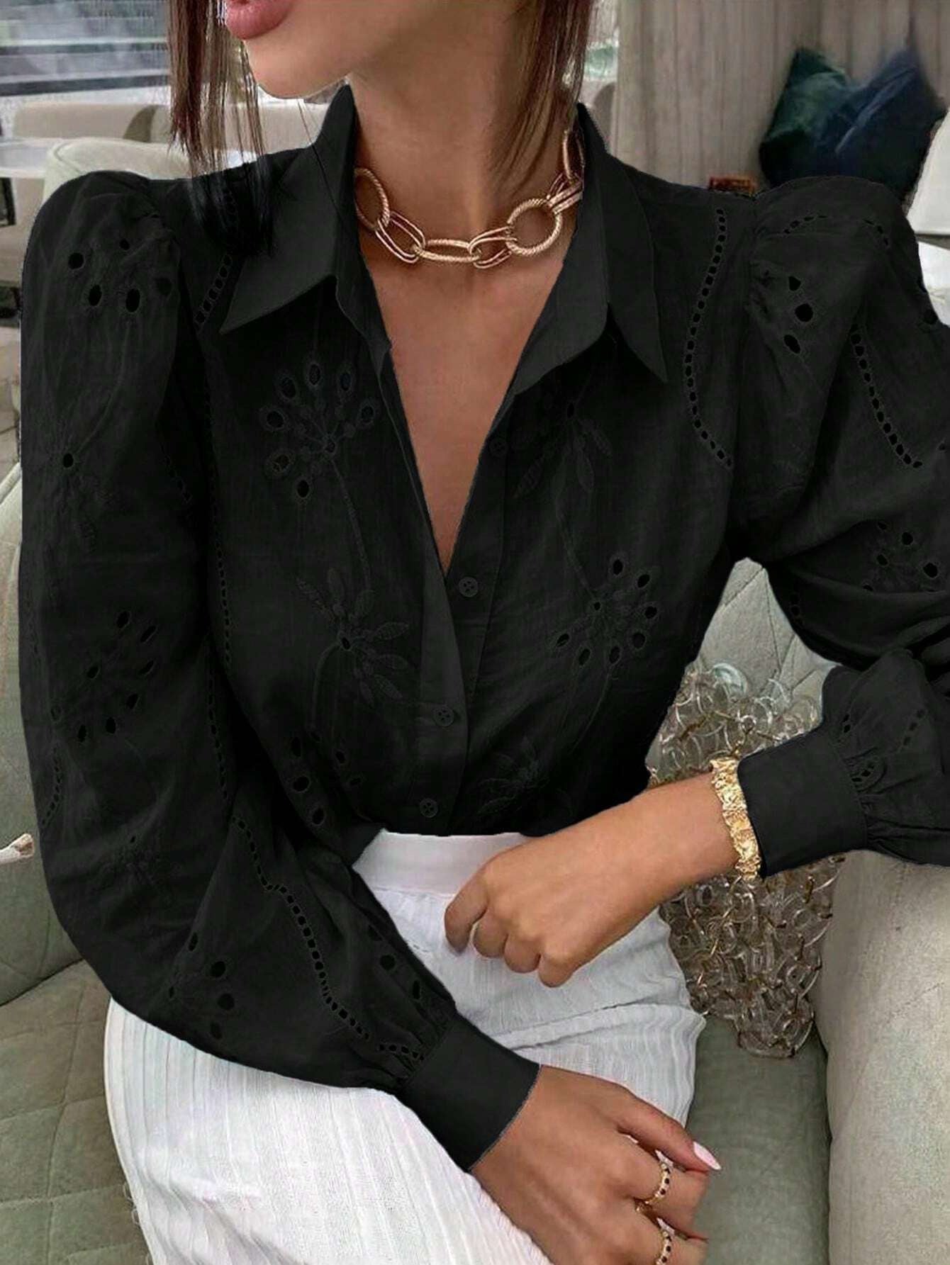 Women's Single-breasted Solid Color Embroidered Long-sleeved Lapel Sweaters