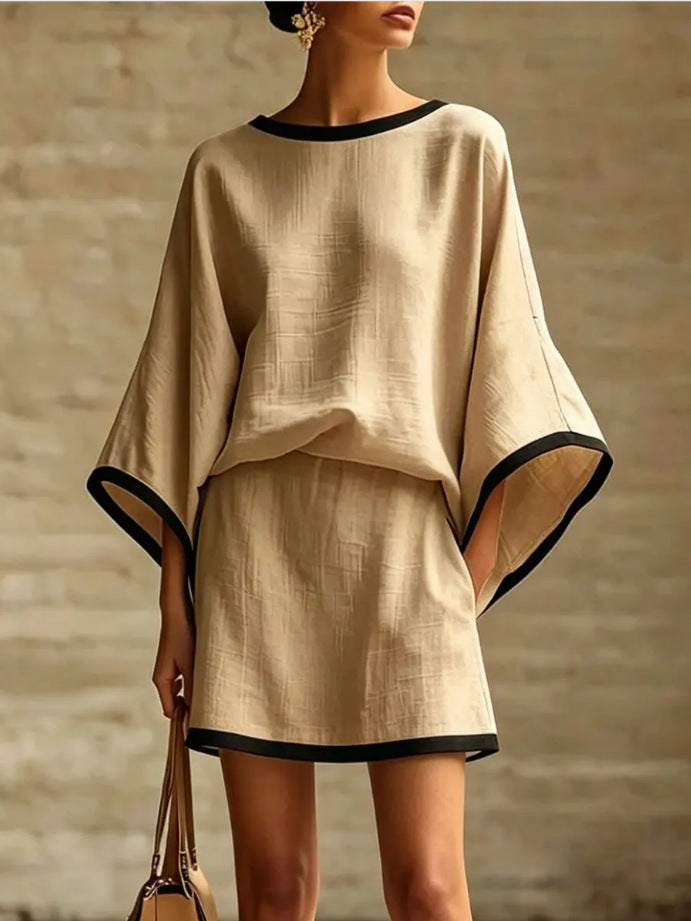 Women's Cotton Linen Dolman Sleeve Two-piece Set Skirts