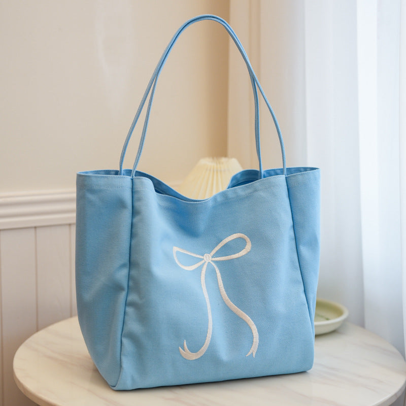 Capacity Bowknot Embroidered Canvas Female Heart Shoulder Bags