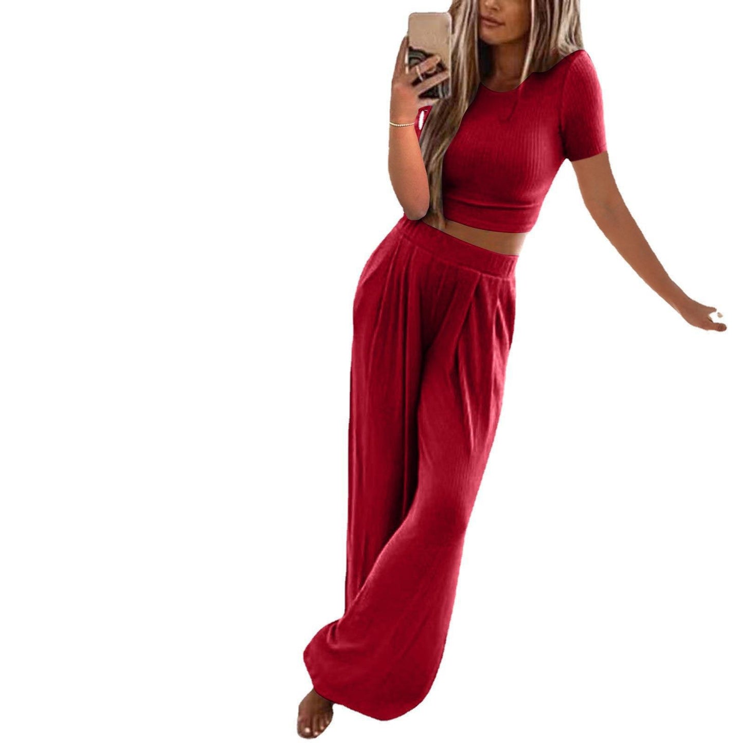 Women's Sleeve Solid Color Knit Home Two-piece Suits