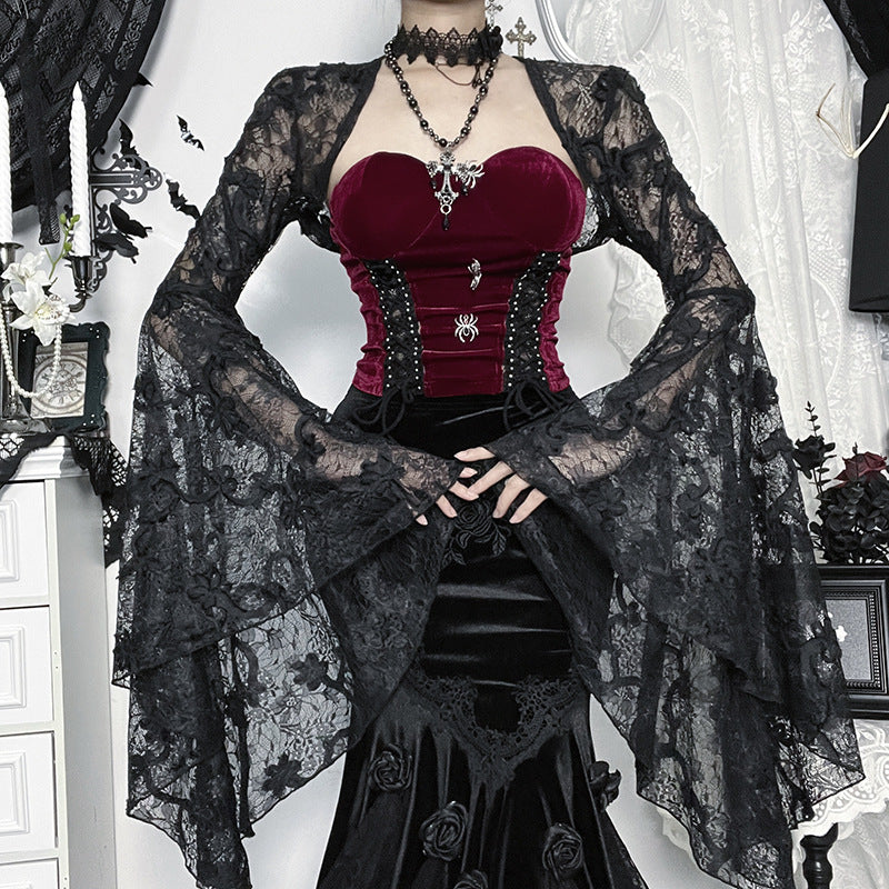 Gorgeous Gothic Three-dimensional Lace Flower Halloween Black Versatile Blouses