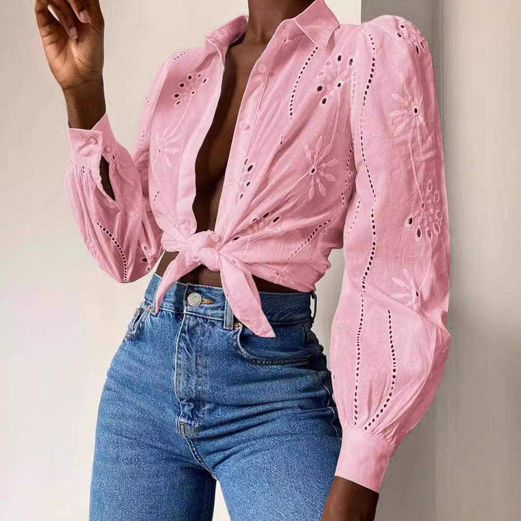 Women's Single-breasted Solid Color Embroidered Long-sleeved Lapel Sweaters