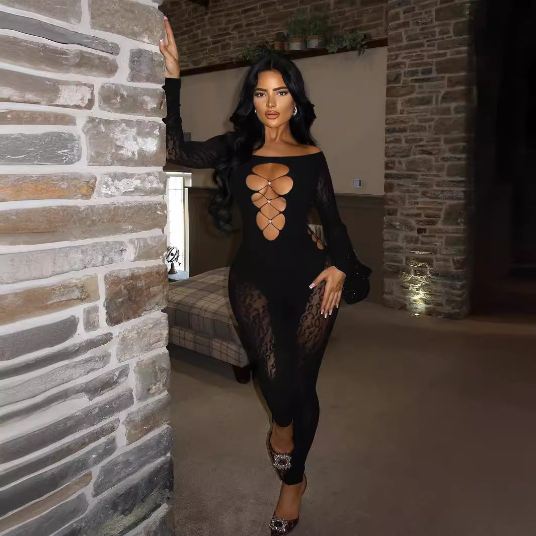 Women's Summer Long Sleeve Pearl Slim Fit Sexy Jumpsuits