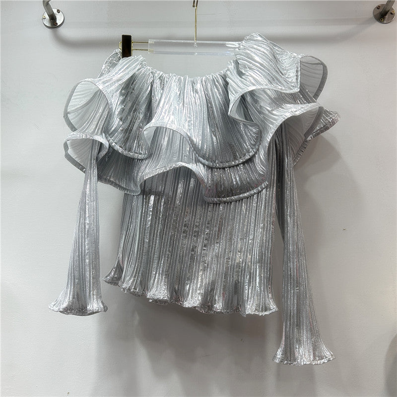 Women's French Style Fashion Shiny Surface Pleated Blouses