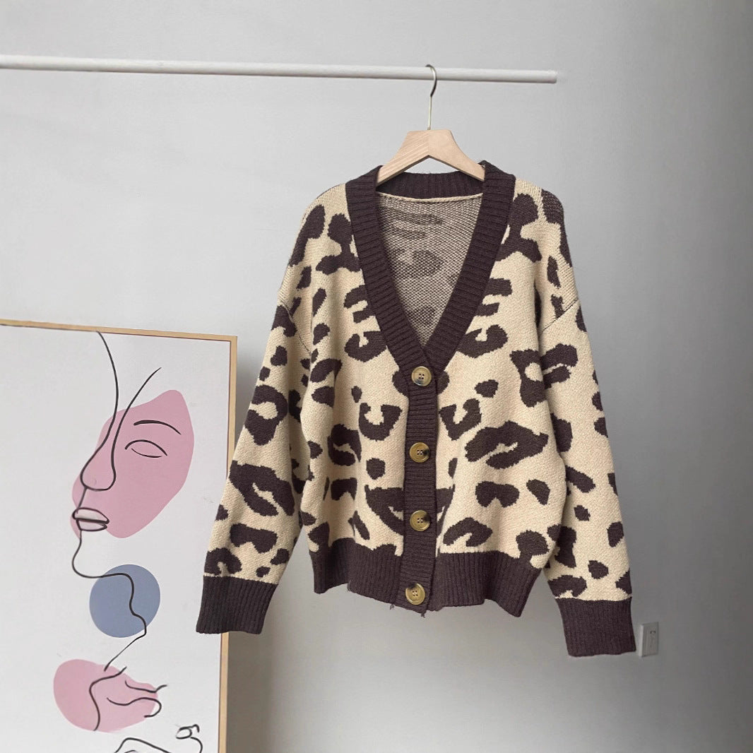 Women's Autumn Idle Style Korean Loose Leopard Knitwear