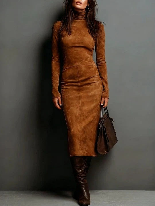 Autumn Retro Turtleneck Long Dress Solid Dresses