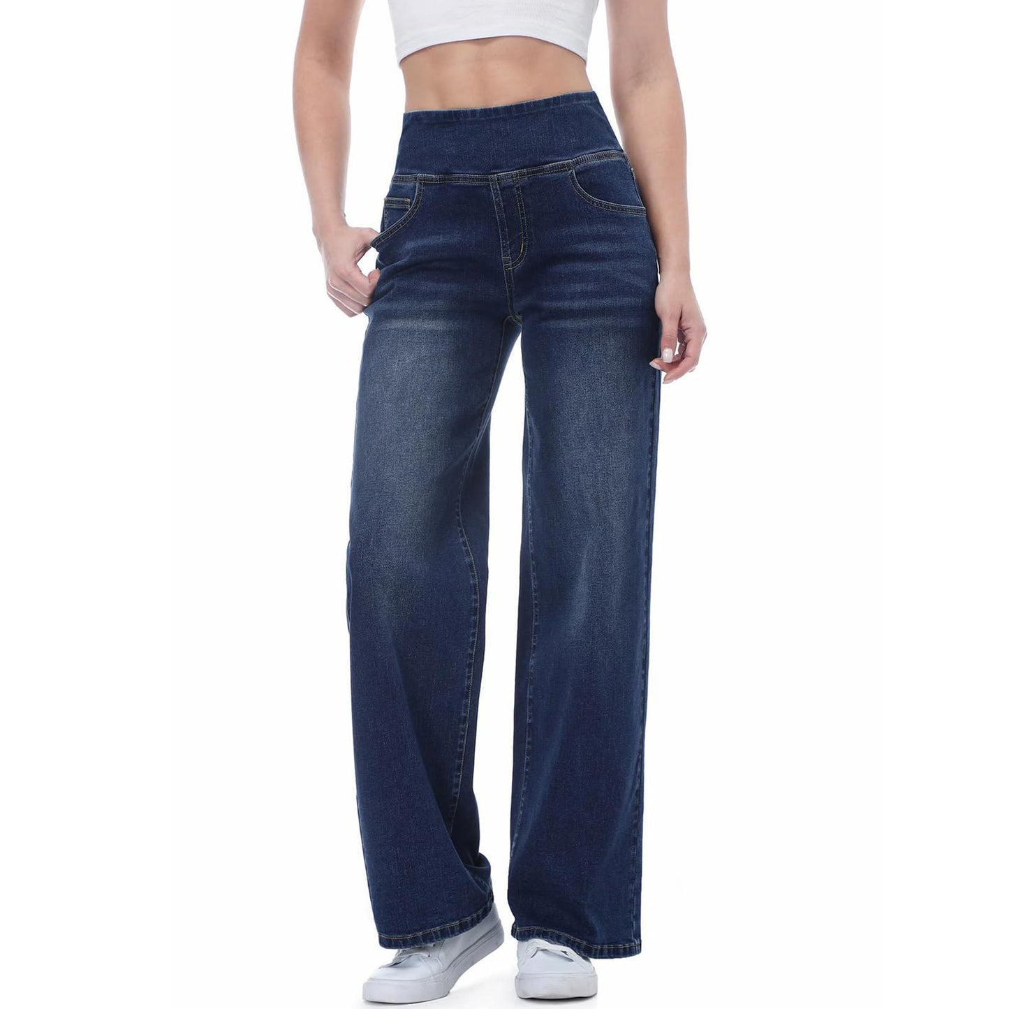 Women's Elastic Fashion Belly Contracting Strap Pocket Jeans