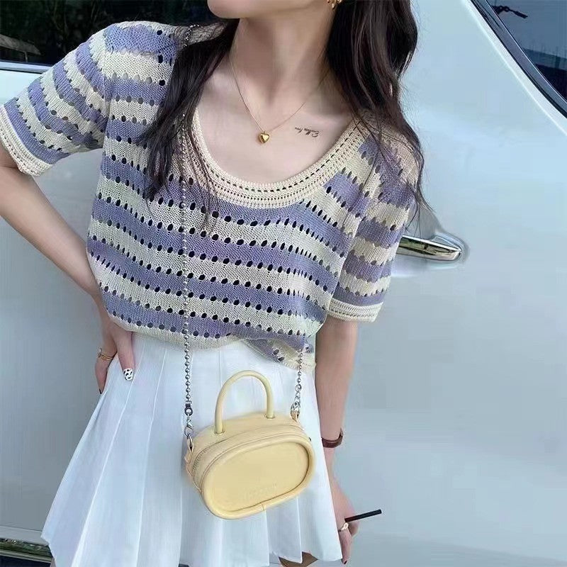 Women's Thin Hollow Loose Striped Summer Design Women's T-shirt