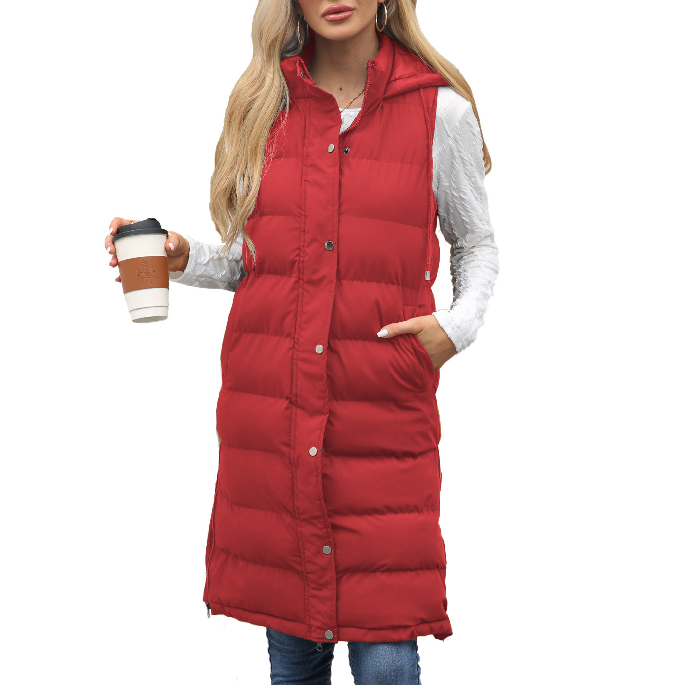 Women's Ladies Hooded Sleeveless Long Solid Color Vests