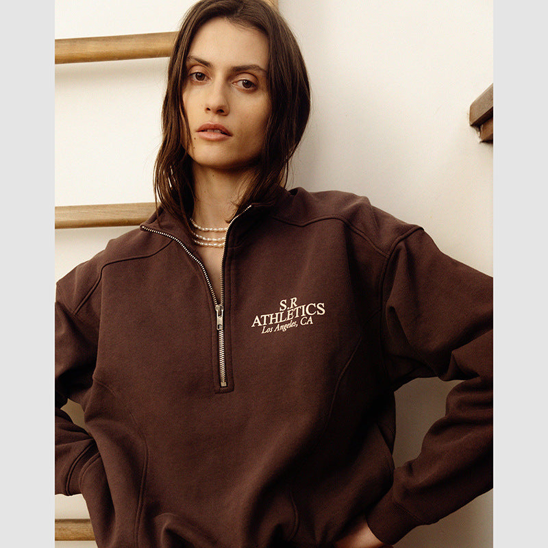 Women's North American Niche Stand Collar Zipper Chest Letter Sweaters