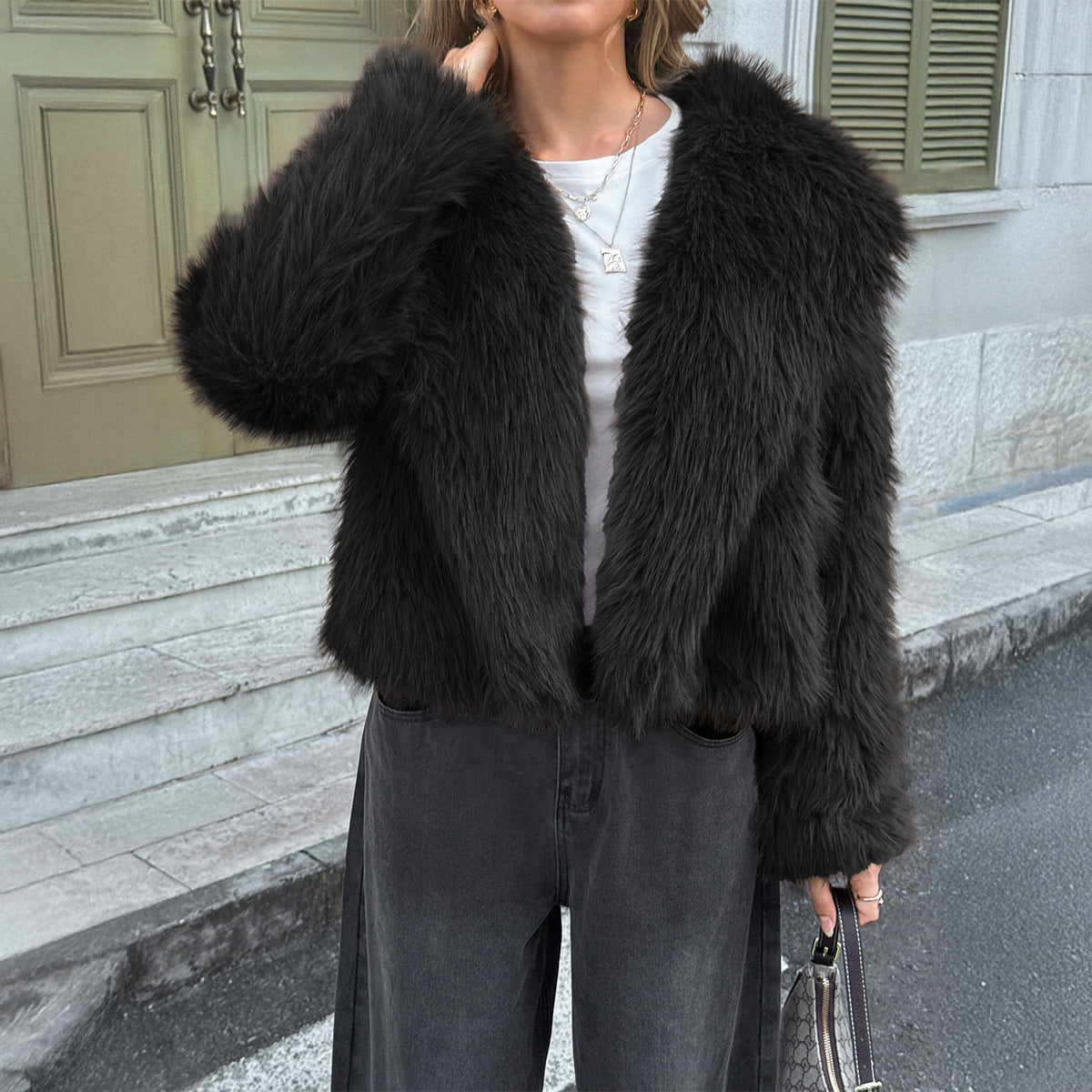 Women's Casual Fluff Solid Color Long-sleeved Overcoat Coats