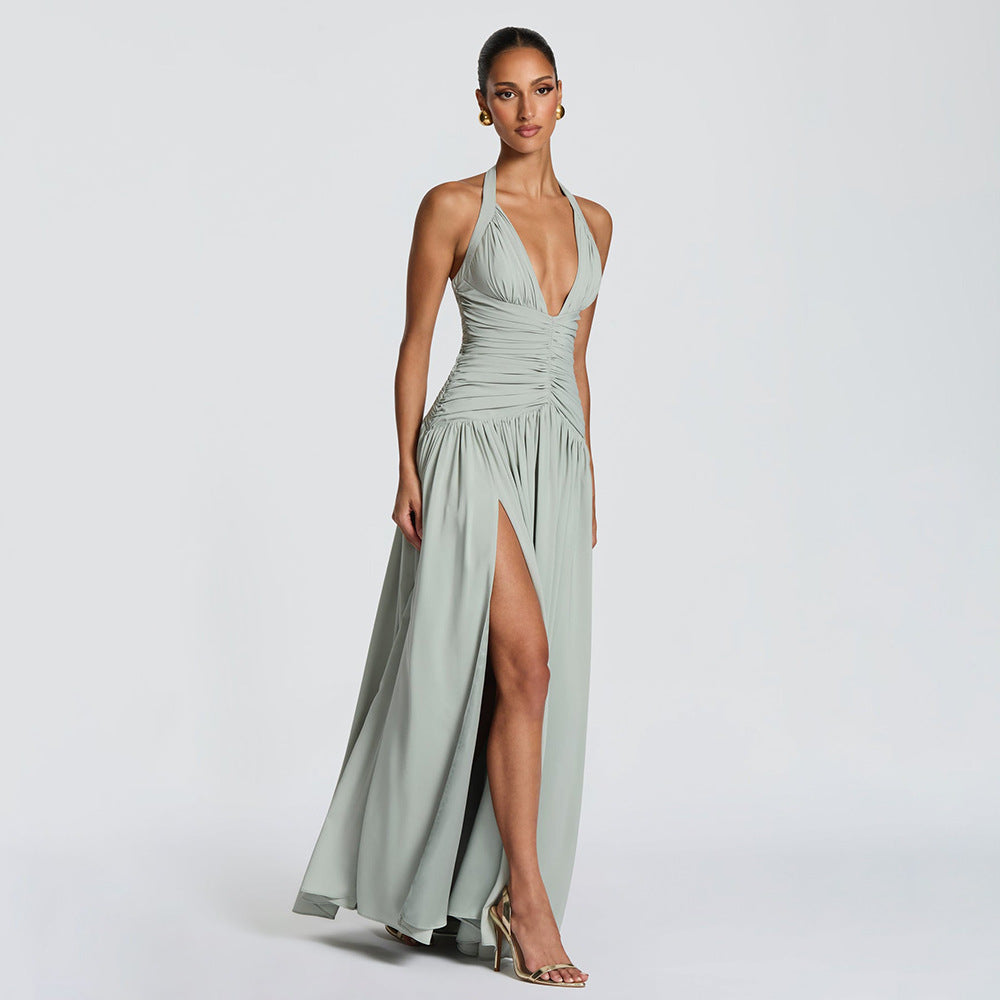 Women's Summer Banquet Style Solid Color Sexy Deep V Halter Backless Dress